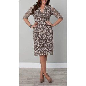 Kiyonna Scalloped Boudoir lace dress cream tan brown surplice faux wrap 0 0X 12